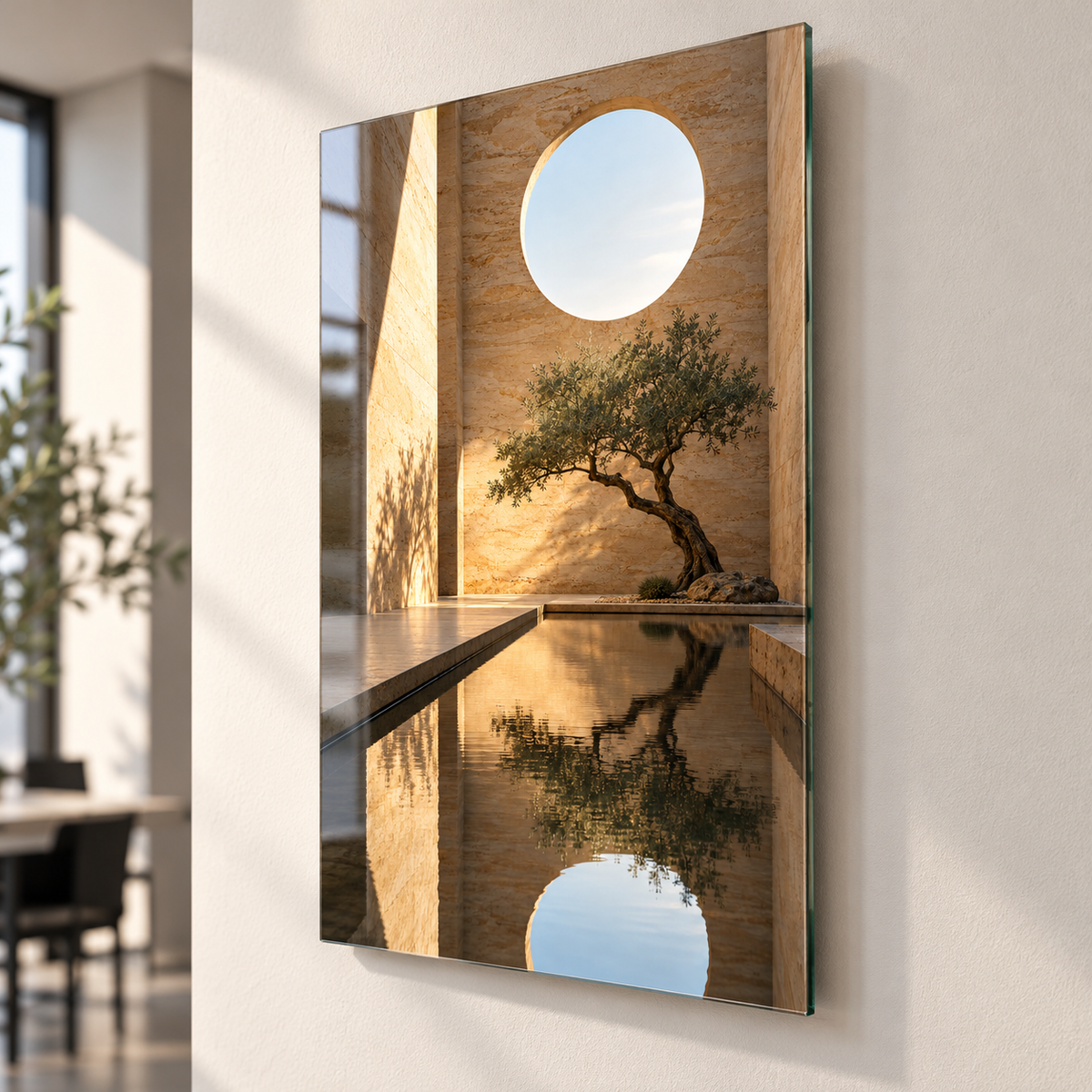 Sessiz Avlu İç Mimarlık Dikey Cam Tablo — Duvardan yaklaşık 2 cm mesafe