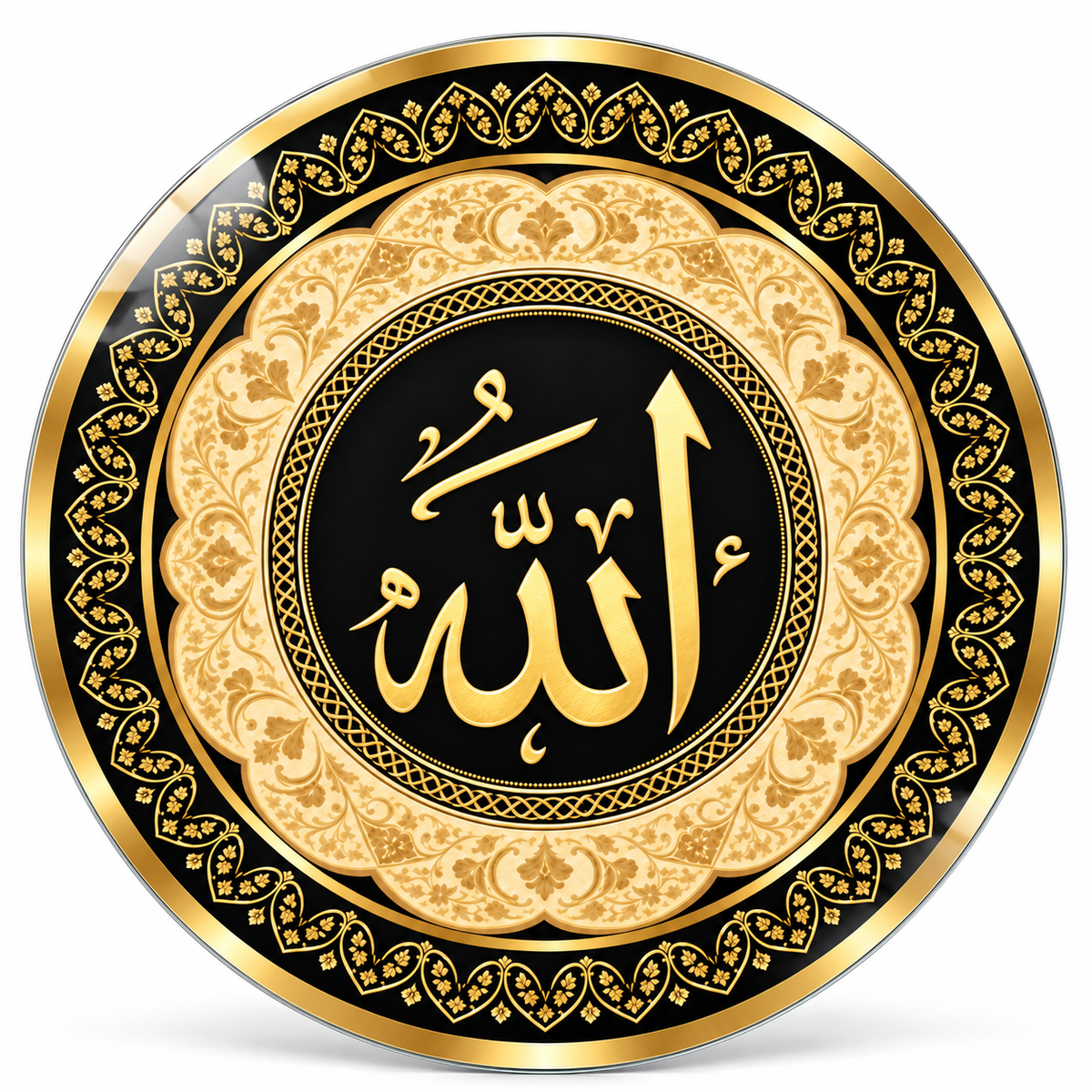 Altın Tezhipli Allah Yazılı Yuvarlak Cam Tablo — beyaz fonda önden ürün görünümü