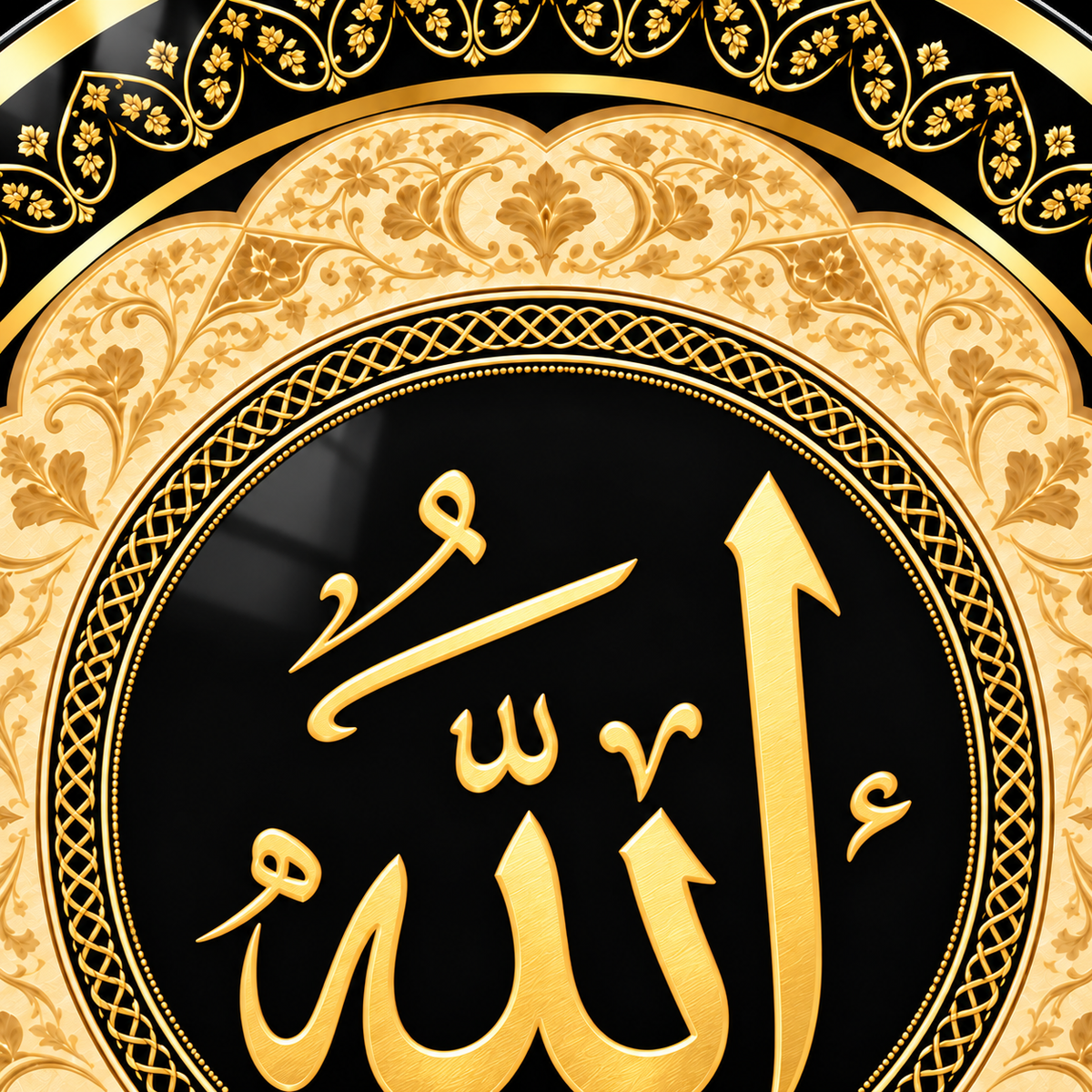 Altın Tezhipli Allah Yazılı Yuvarlak Cam Tablo — altın renkli desen ve UV baskı detayı
