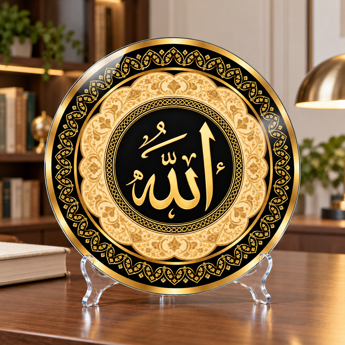 Altın Tezhipli Allah Yazılı Yuvarlak Cam Tablo — 30 cm cam tablo ve şeffaf pleksi ayaklık ile masaüstü kullanım
