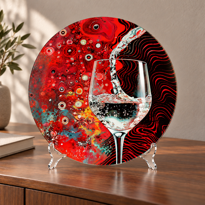 Kırmızı Dalgalar ve Kristal Kadeh Yuvarlak Cam Tablo — 30×30 cm yuvarlak cam tablo ve referansa uygun kavisli şeffaf pleksi ayaklık