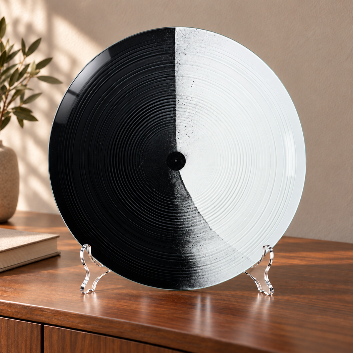 Monokrom Denge Yuvarlak Cam Tablo – 30×30 cm cam tablo ve kavisli şeffaf pleksi ayaklık