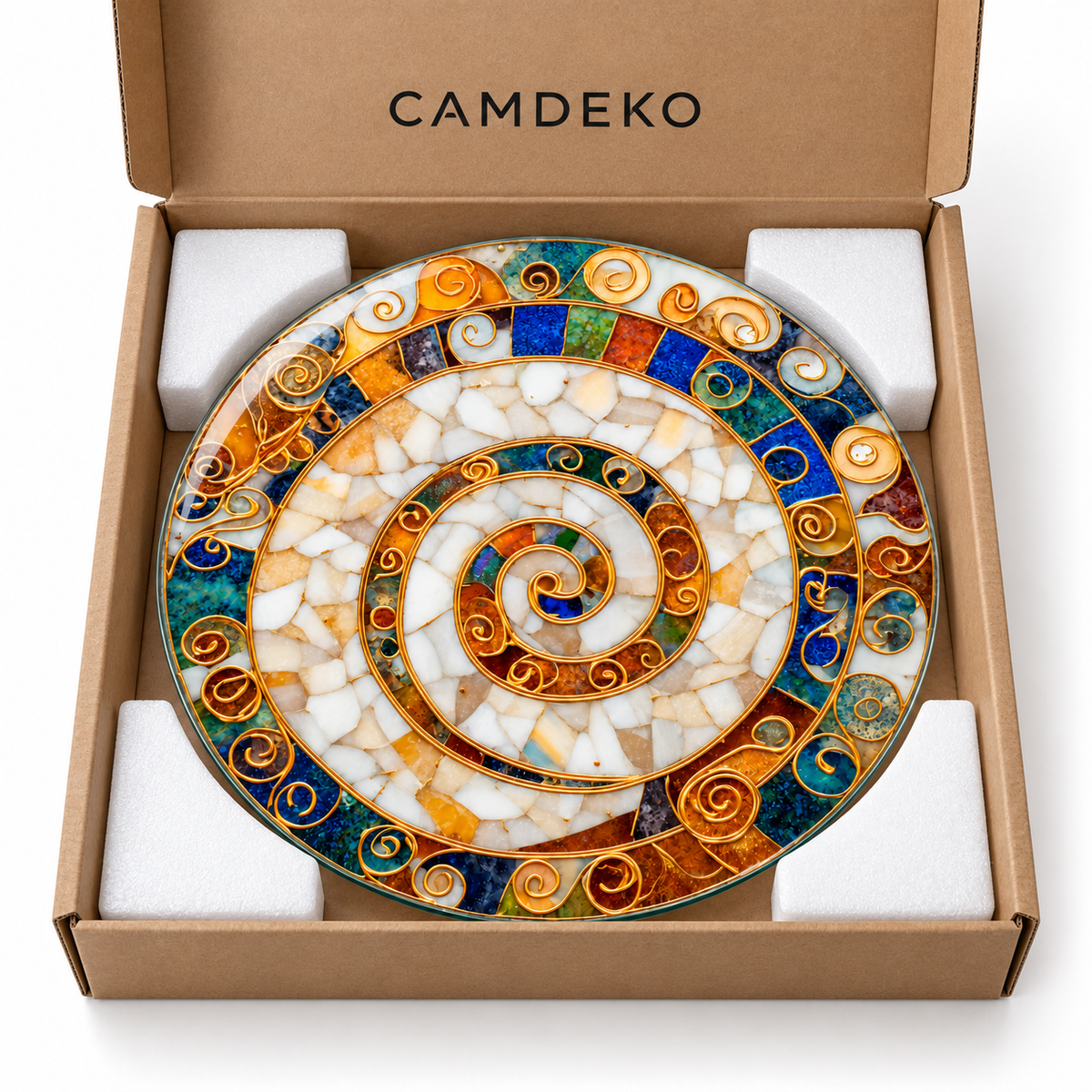 Safir Sedef Yuvarlak Cam Tablo – CAMDEKO kraft kutu ve koruyucu ambalaj