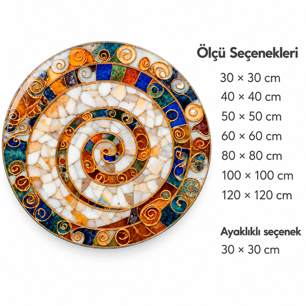 Safir Sedef Yuvarlak Cam Tablo – Ölçü seçenekleri