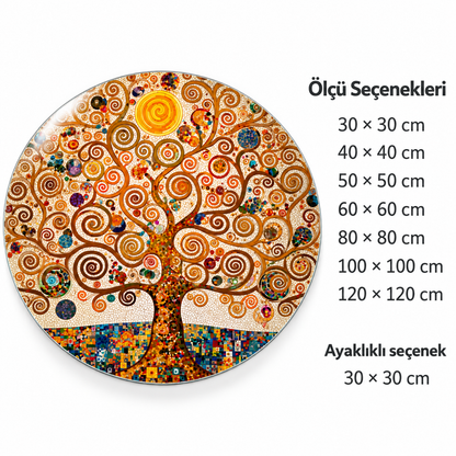Altın Yaşam Ağacı Yuvarlak Cam Tablo – Ölçü seçenekleri