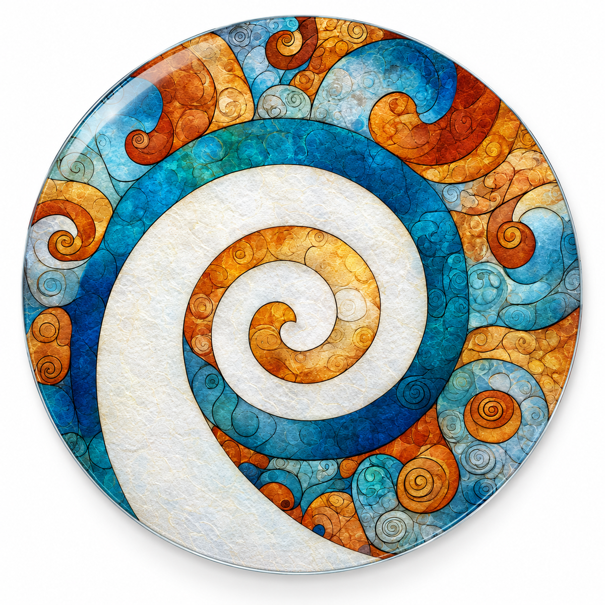 Turkuaz Sarmal Yuvarlak Cam Tablo – Beyaz fonda ürün görünümü
