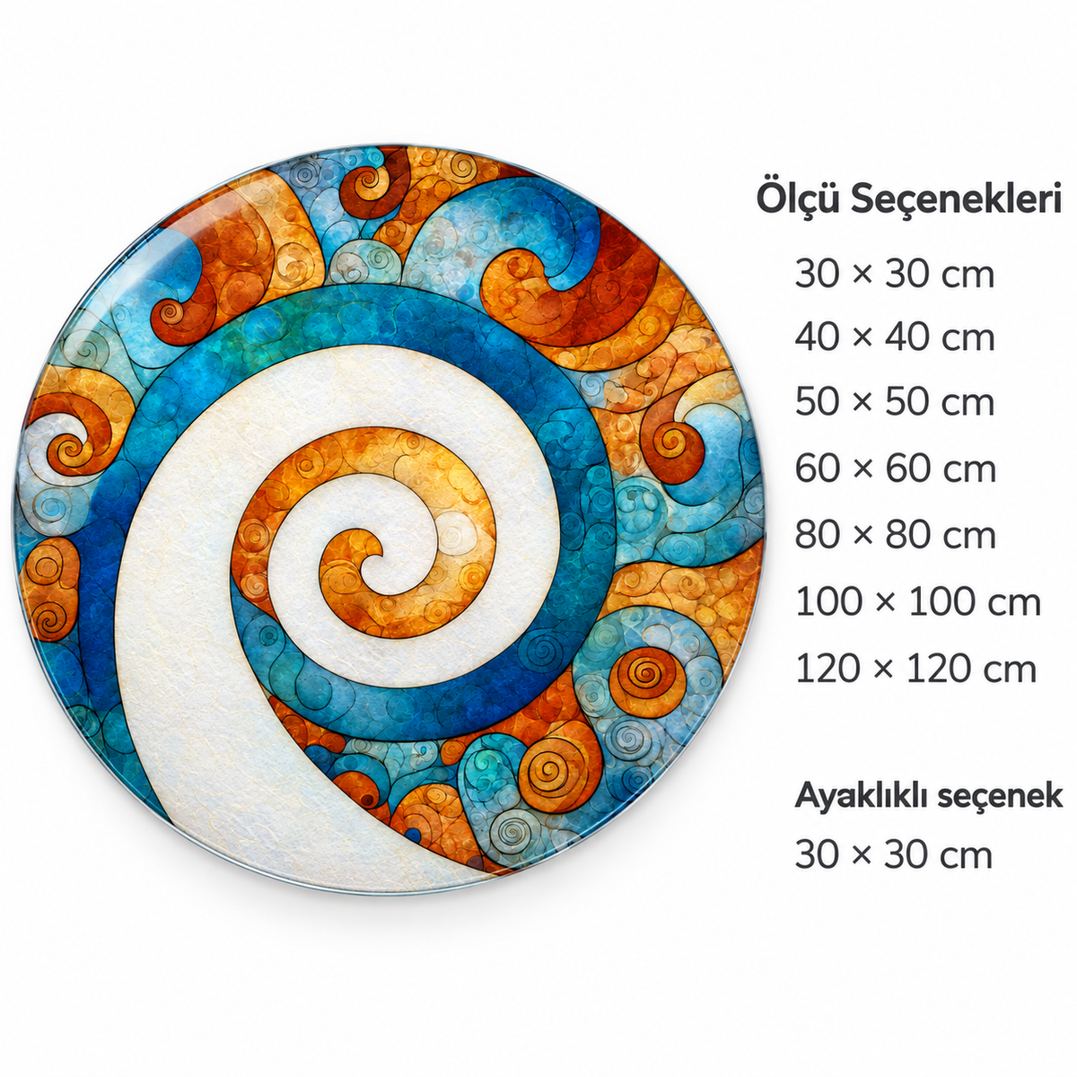 Turkuaz Sarmal Yuvarlak Cam Tablo – Ölçü seçenekleri