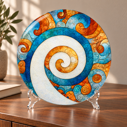 Turkuaz Sarmal Yuvarlak Cam Tablo – 30×30 cm cam tablo ve kavisli şeffaf pleksi ayaklık