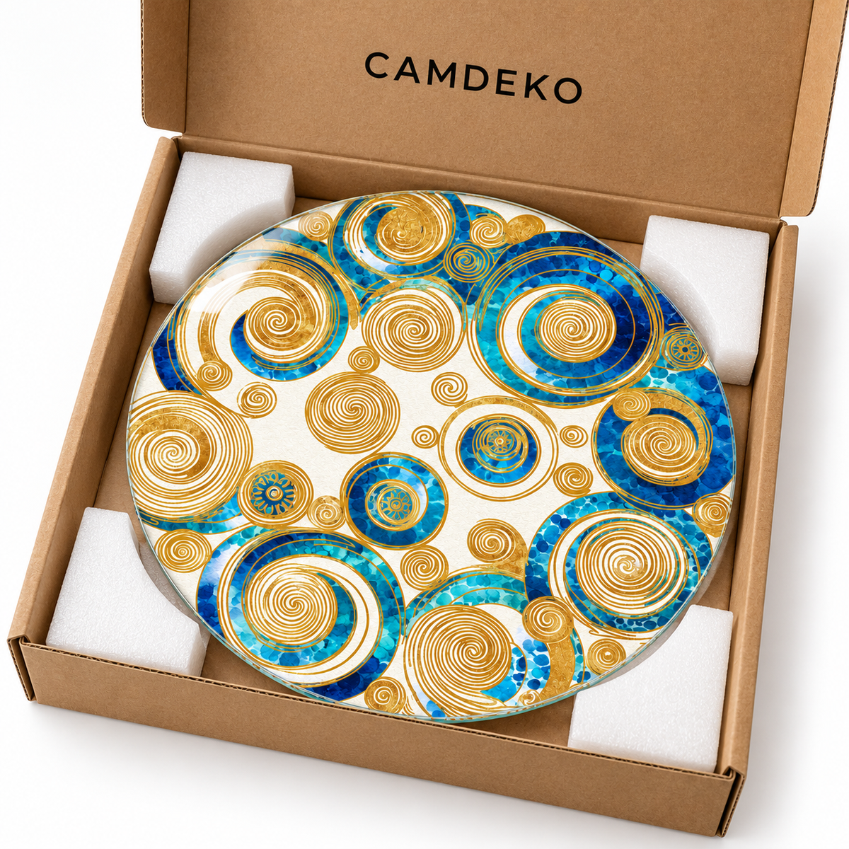 Mavi Altın Halkalar Yuvarlak Cam Tablo – CAMDEKO kraft kutu ve koruyucu ambalaj