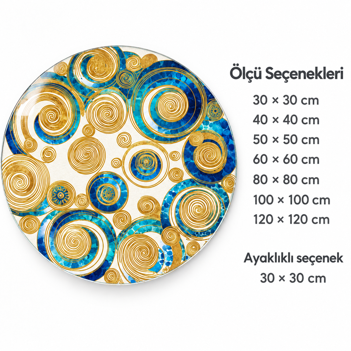 Mavi Altın Halkalar Yuvarlak Cam Tablo – Ölçü seçenekleri