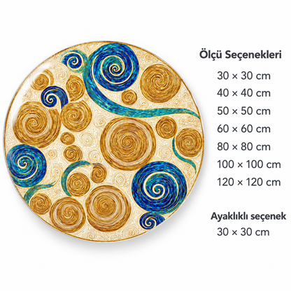 Altın Mavi Girdap Yuvarlak Cam Tablo – Ölçü seçenekleri