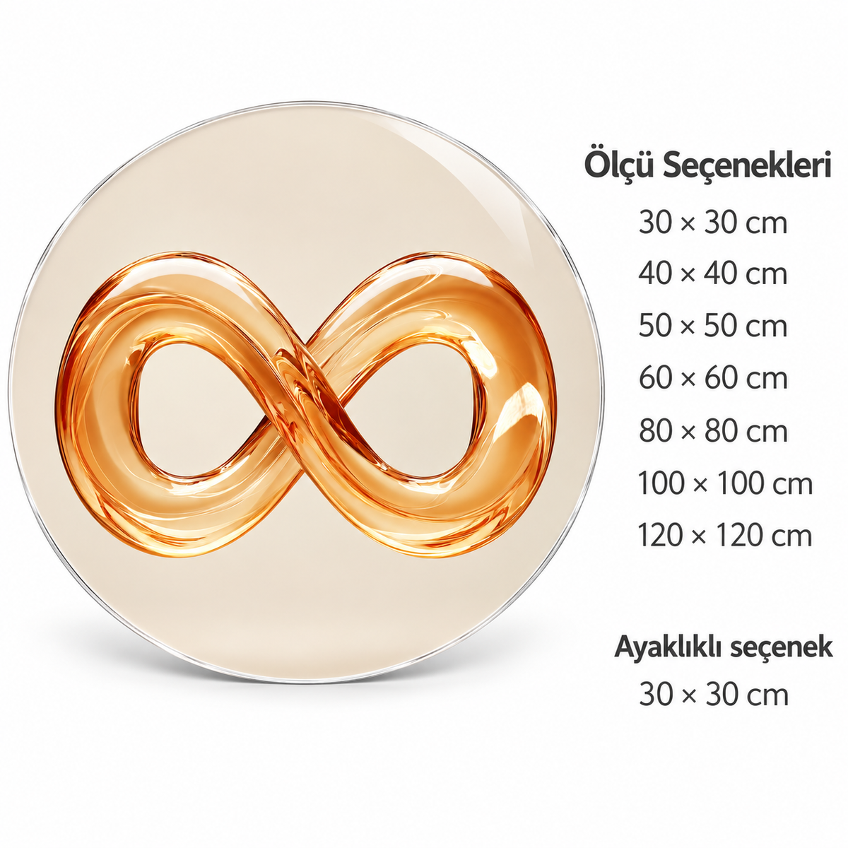 Altın Sonsuzluk Yuvarlak Cam Tablo – Ölçü seçenekleri