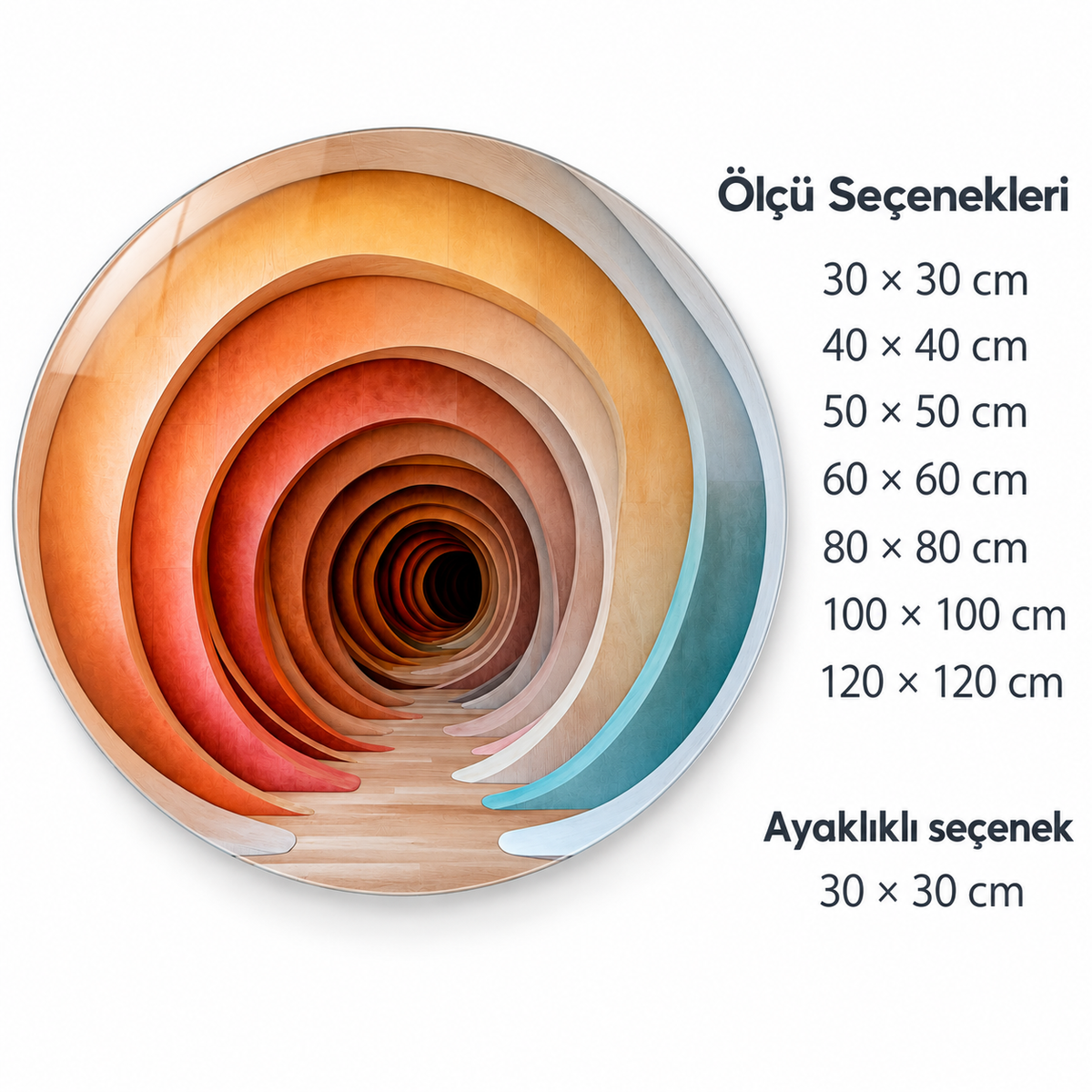 Sonsuz Geçit Yuvarlak Cam Tablo – Ölçü seçenekleri