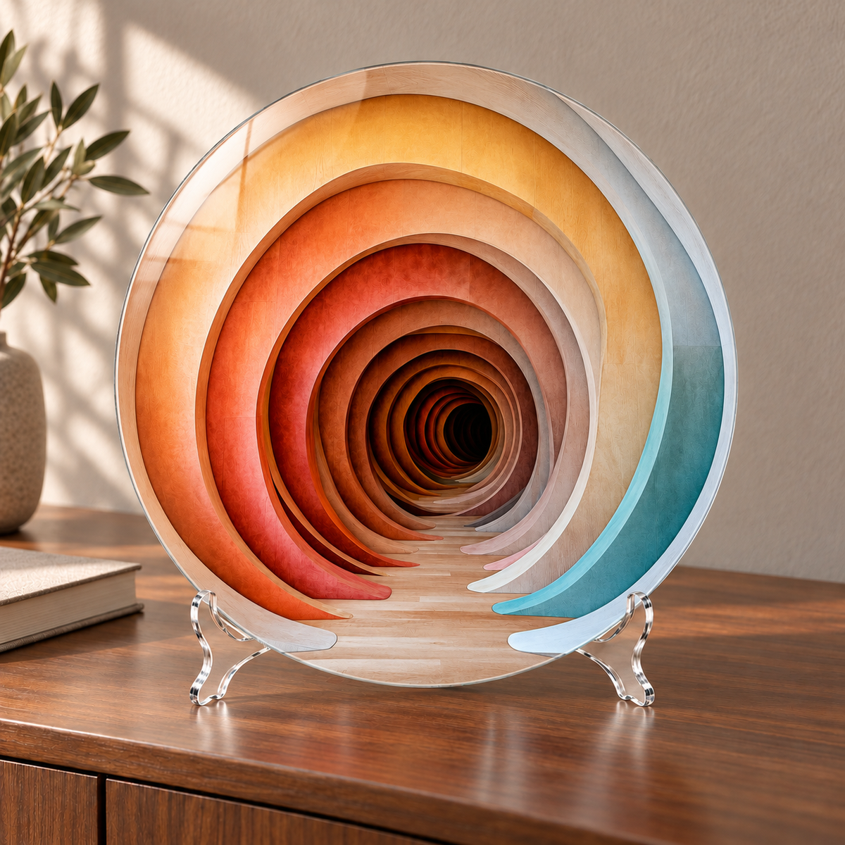 Sonsuz Geçit Yuvarlak Cam Tablo – 30×30 cm cam tablo ve kavisli şeffaf pleksi ayaklık