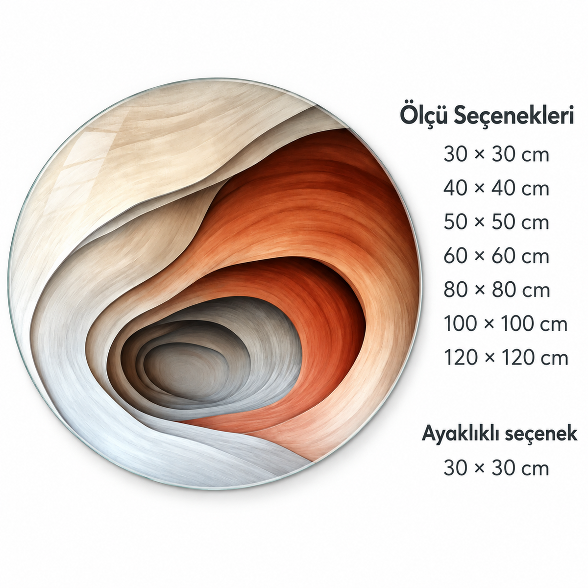 Toprak Katmanları Yuvarlak Cam Tablo – Ölçü seçenekleri