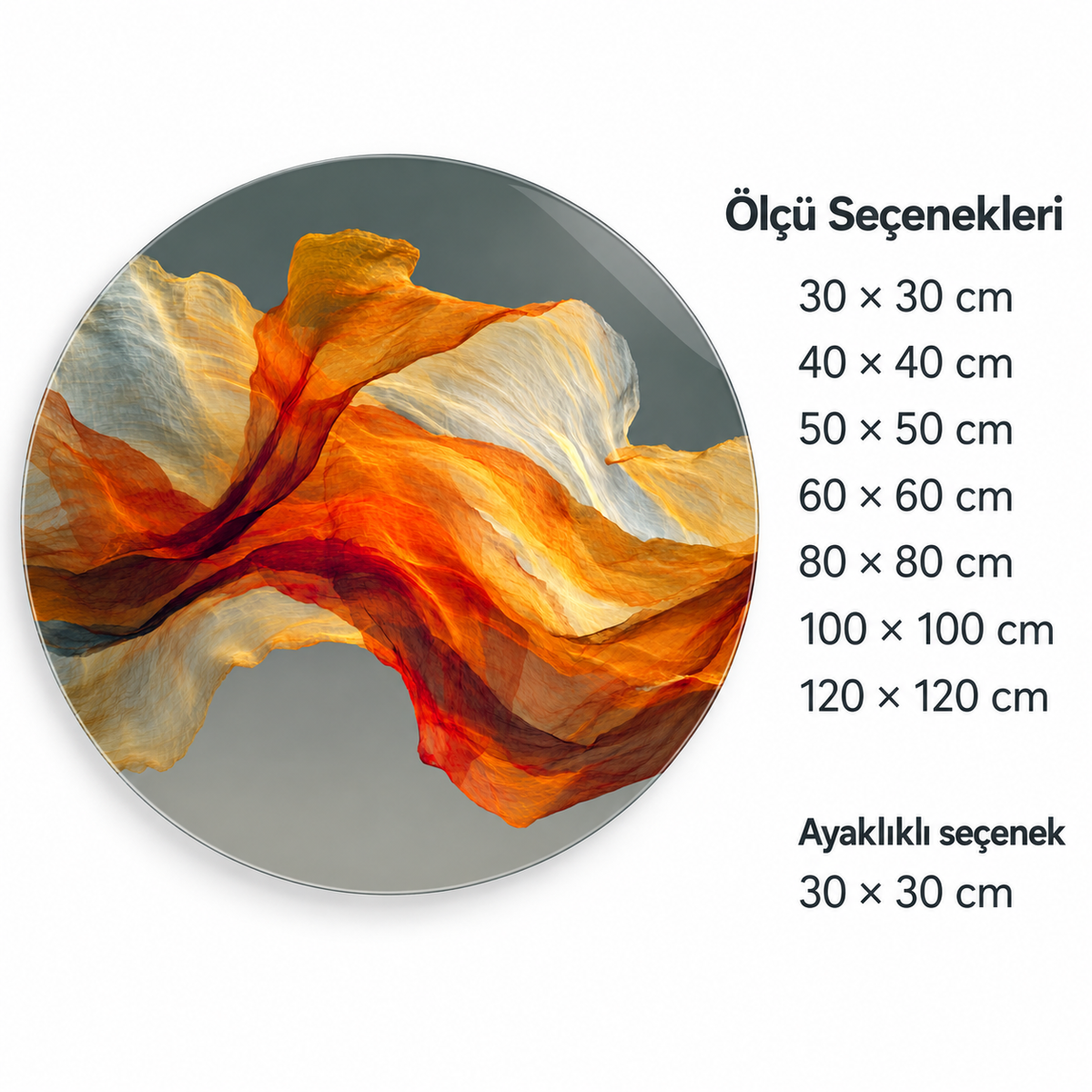 Kehribar Akış Yuvarlak Cam Tablo – Ölçü seçenekleri