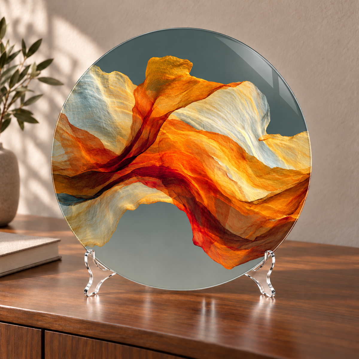 Kehribar Akış Yuvarlak Cam Tablo – 30×30 cm cam tablo ve kavisli şeffaf pleksi ayaklık