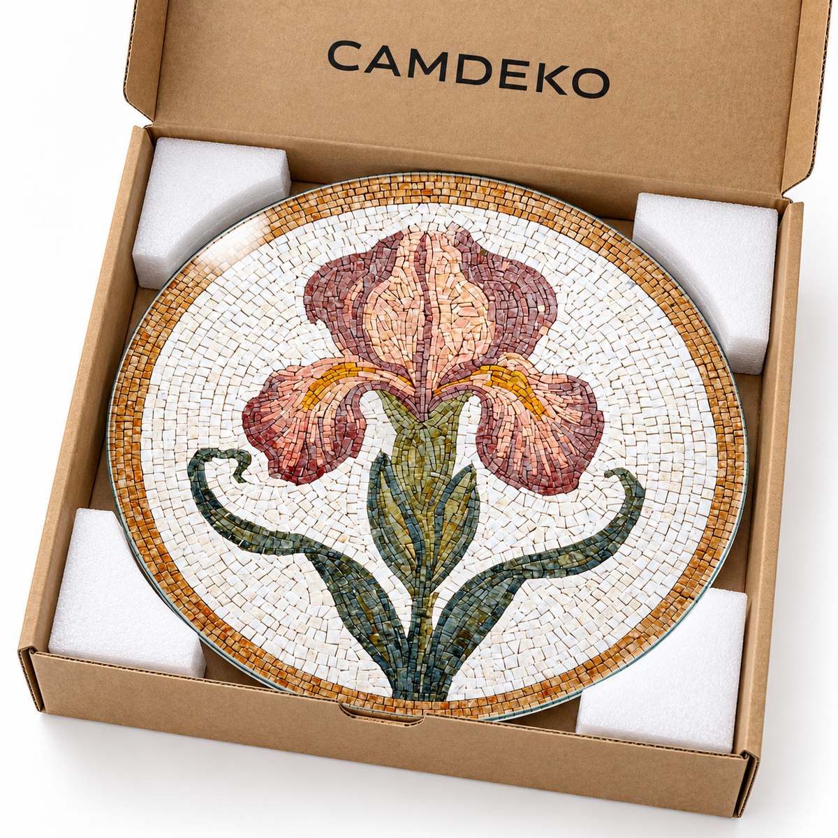 Mozaik Süsen Yuvarlak Cam Tablo – CAMDEKO kraft kutu ve koruyucu ambalaj