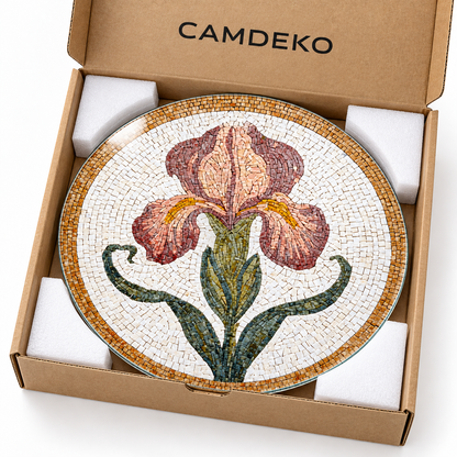 Mozaik Süsen Yuvarlak Cam Tablo – CAMDEKO kraft kutu ve koruyucu ambalaj