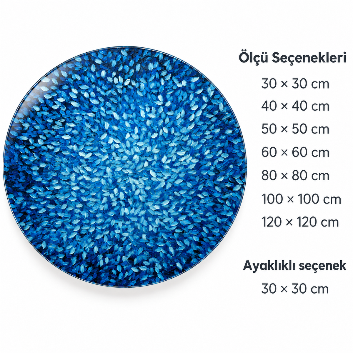 Mavi Yaprak Dalgası Yuvarlak Cam Tablo – Ölçü seçenekleri
