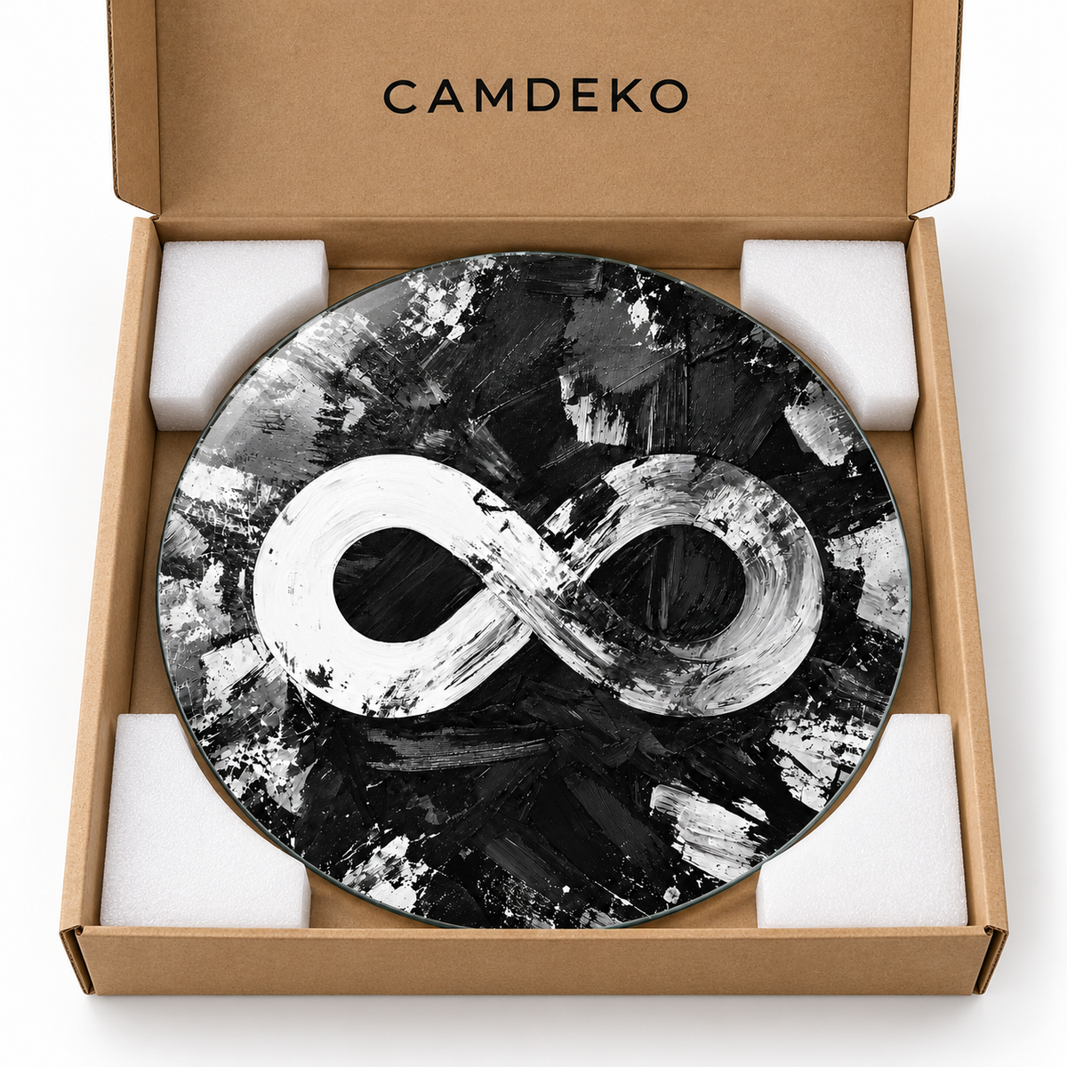 Monokrom Sonsuzluk Yuvarlak Cam Tablo – CAMDEKO kraft kutu ve koruyucu ambalaj