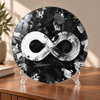 Monokrom Sonsuzluk Yuvarlak Cam Tablo – 30×30 cm cam tablo ve kavisli şeffaf pleksi ayaklık