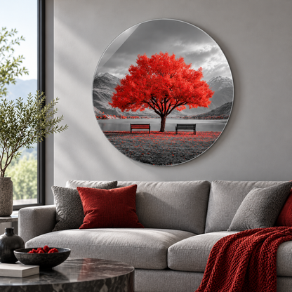 Kızıl Huzur Yuvarlak Cam Tablo – Premium mekânda duvar dekorasyonu