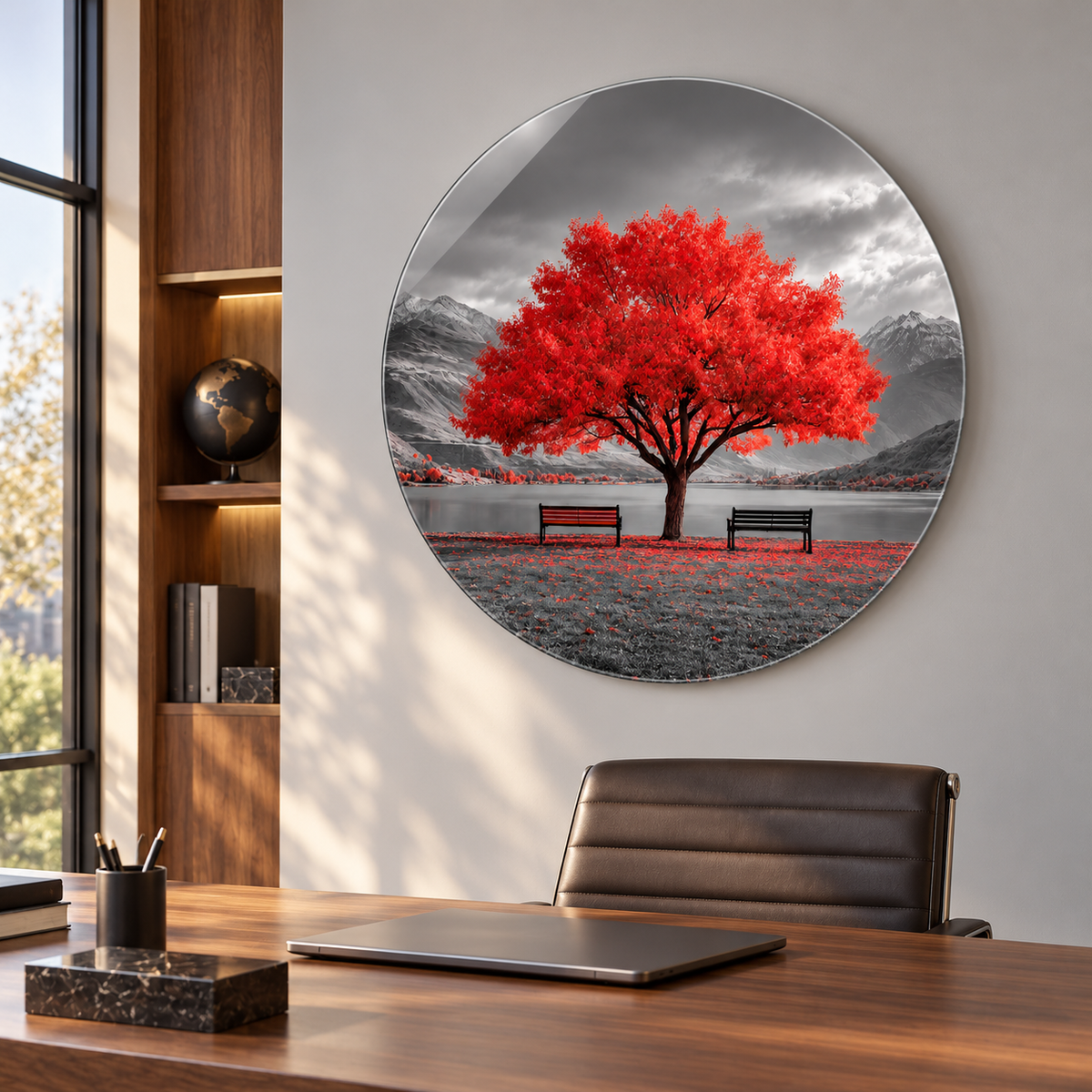 Kızıl Huzur Yuvarlak Cam Tablo – Alternatif mekânda kullanım