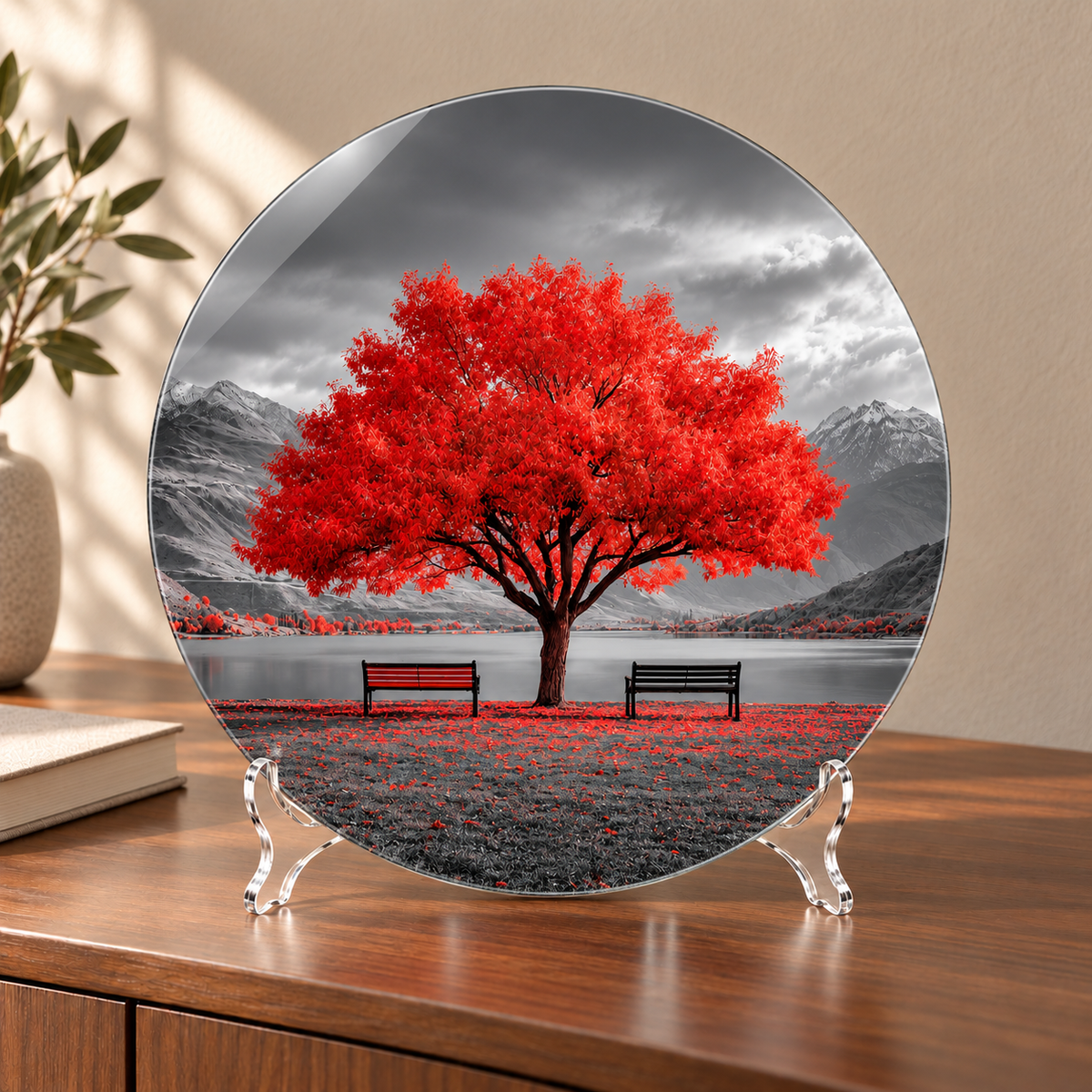 Kızıl Huzur Yuvarlak Cam Tablo – 30×30 cm cam tablo ve kavisli şeffaf pleksi ayaklık