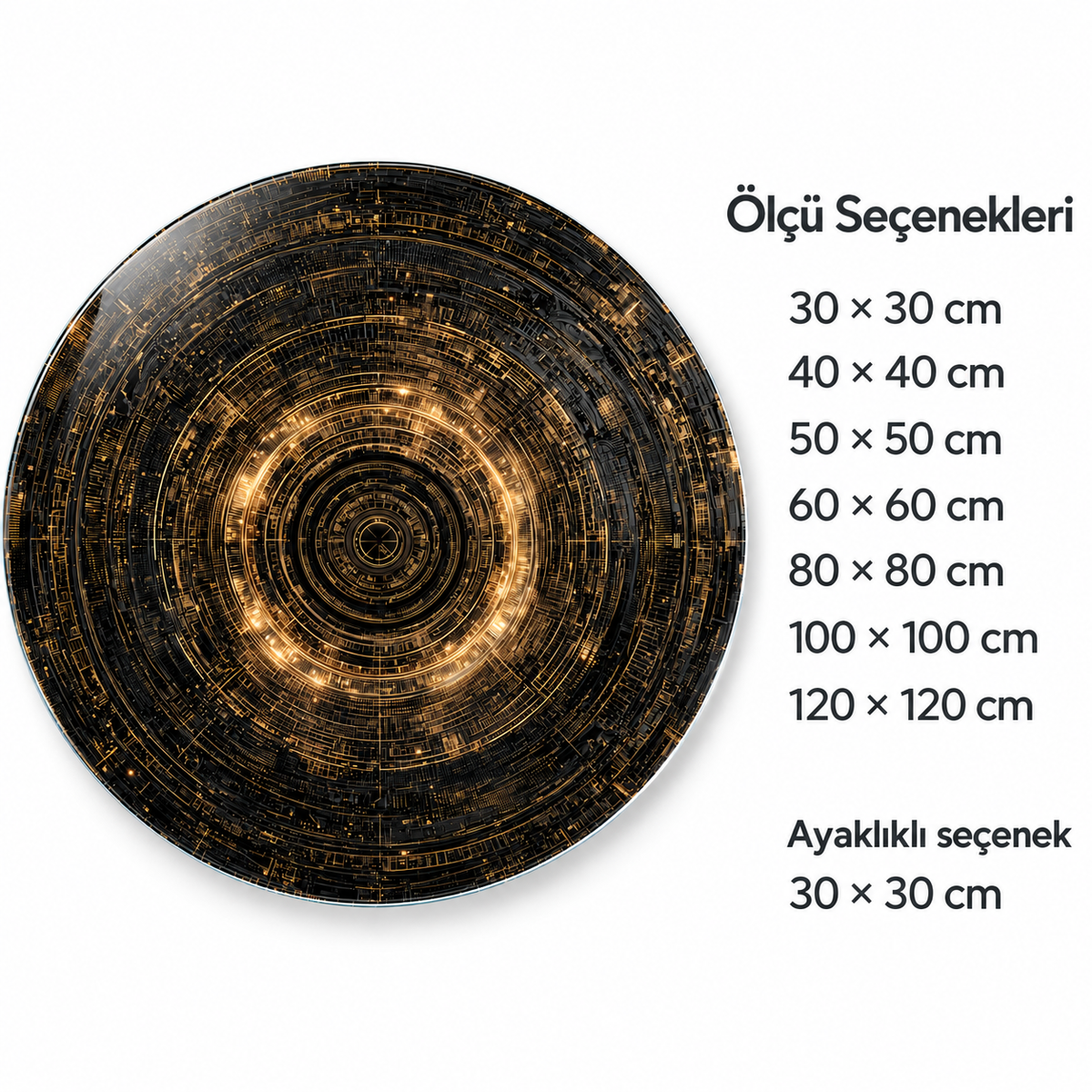 Altın Yörünge Yuvarlak Cam Tablo – Ölçü seçenekleri