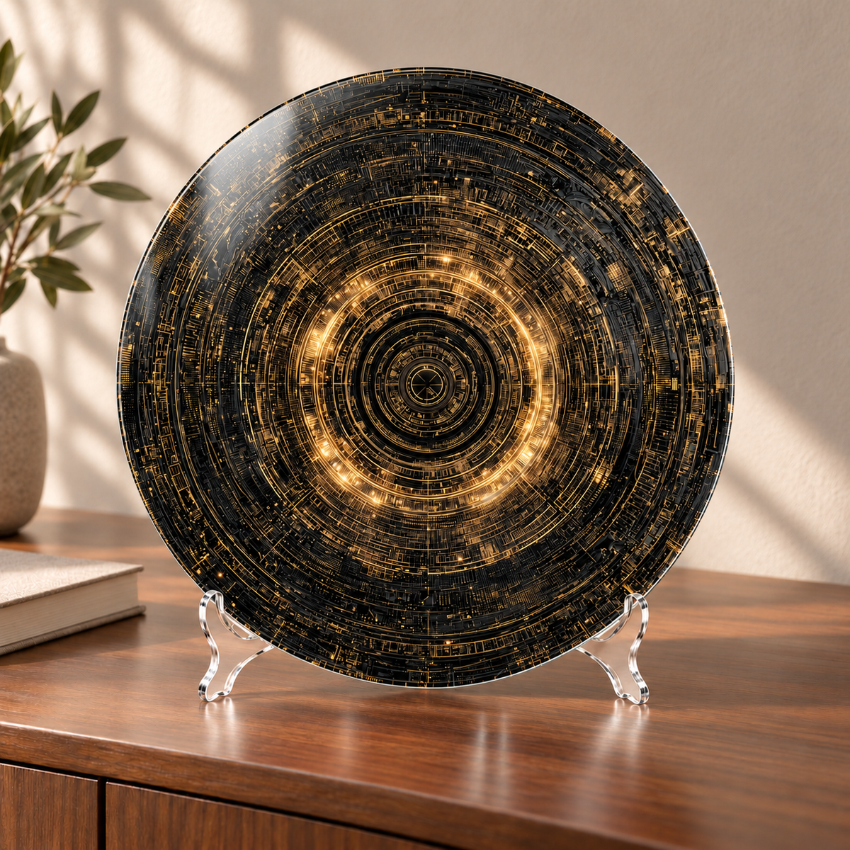 Altın Yörünge Yuvarlak Cam Tablo – 30×30 cm cam tablo ve kavisli şeffaf pleksi ayaklık