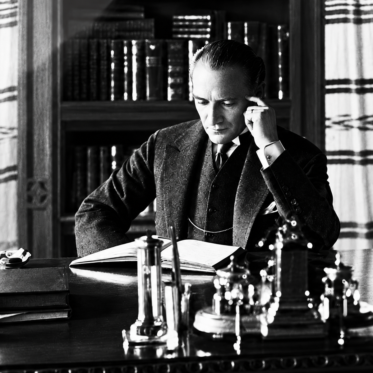 Kitap Okuyan Atatürk yatay cam tablo — siyah-beyaz UV baskı detayı