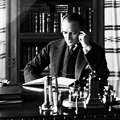 Kitap Okuyan Atatürk yatay cam tablo — siyah-beyaz UV baskı detayı