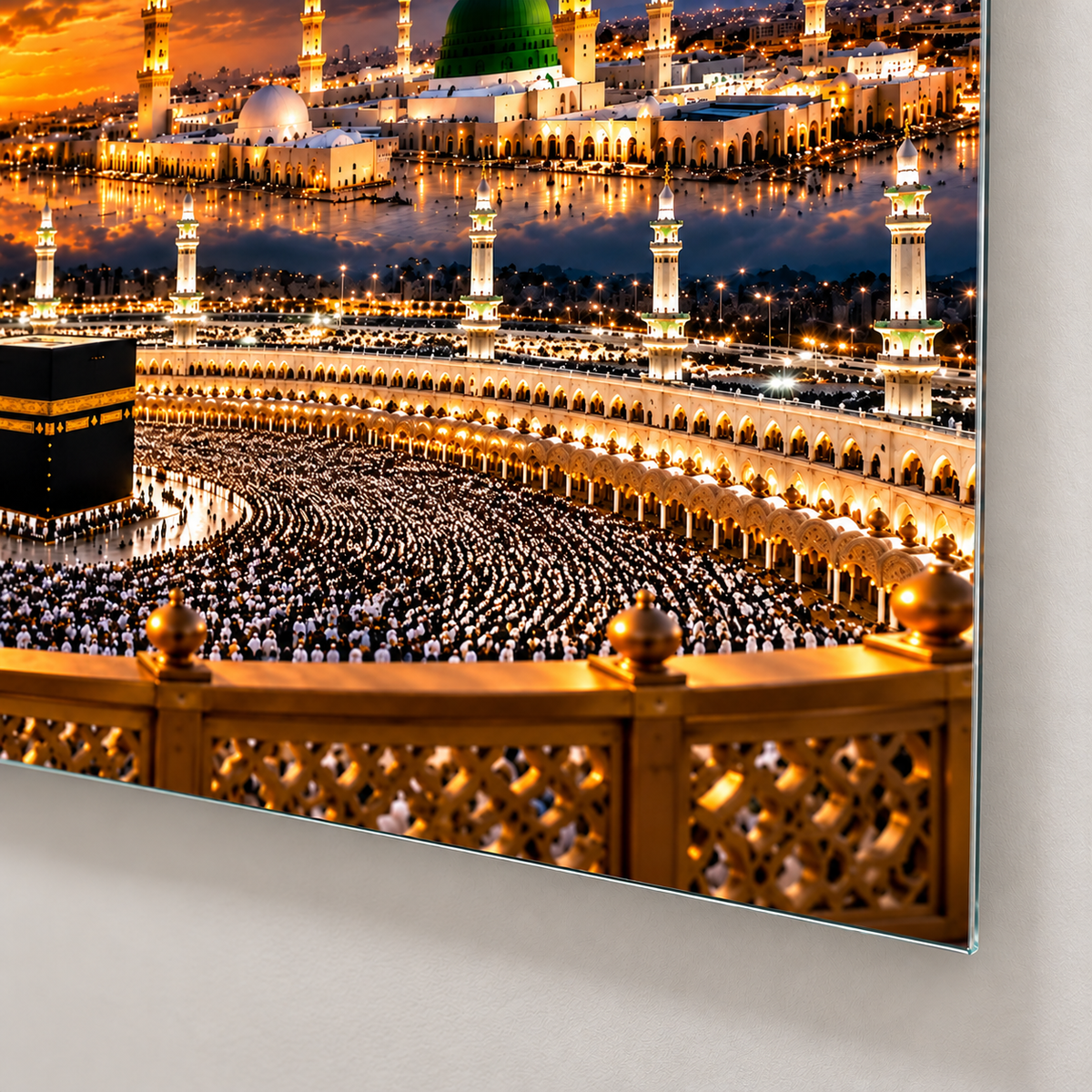 Mekke Medine Yatay Cam Tablo — 4 mm rodajlı cam kenarı detayı