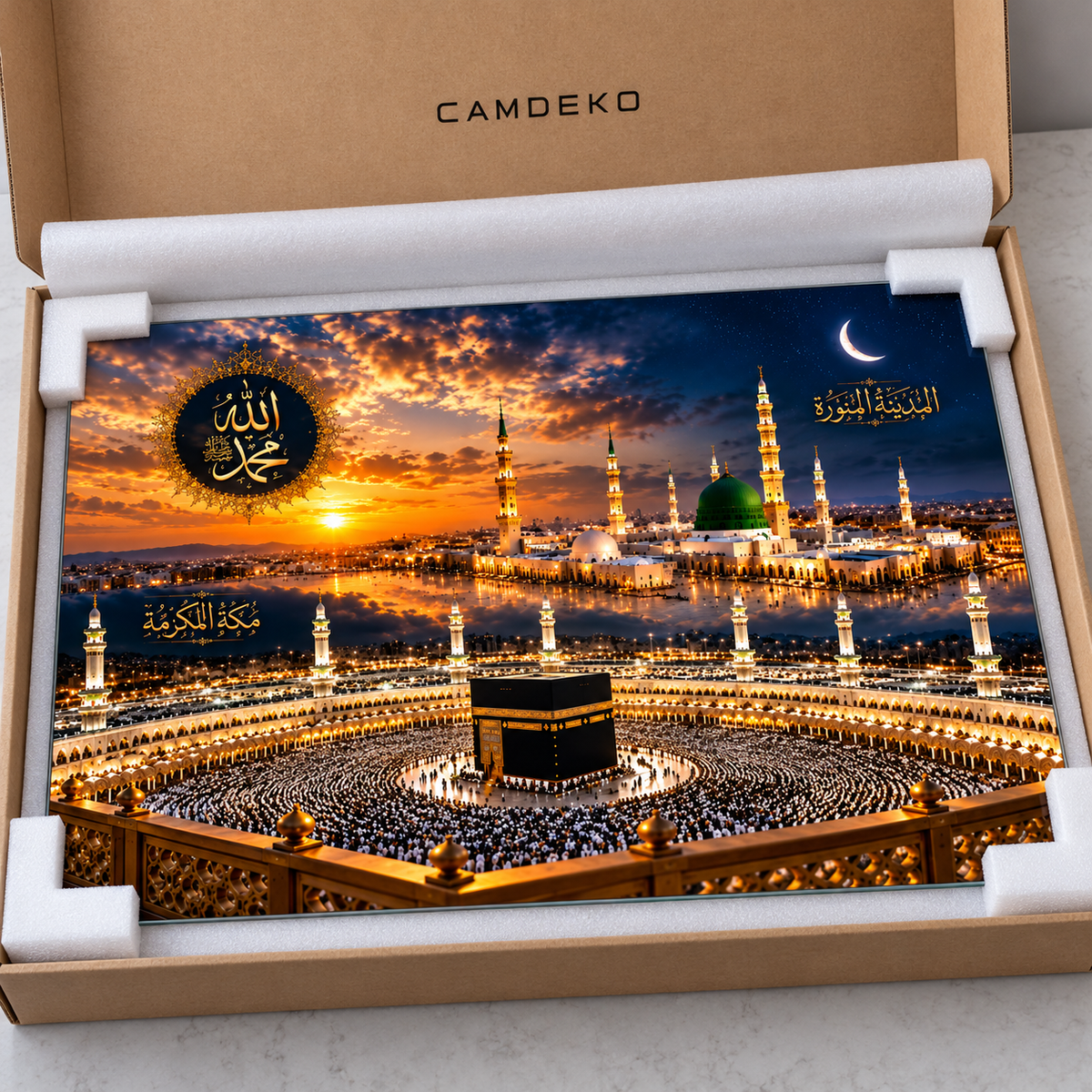 Mekke Medine Yatay Cam Tablo — CAMDEKO kutu ve köşe koruyucularla paketleme