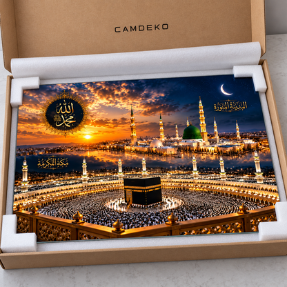 Mekke Medine Yatay Cam Tablo — CAMDEKO kutu ve köşe koruyucularla paketleme