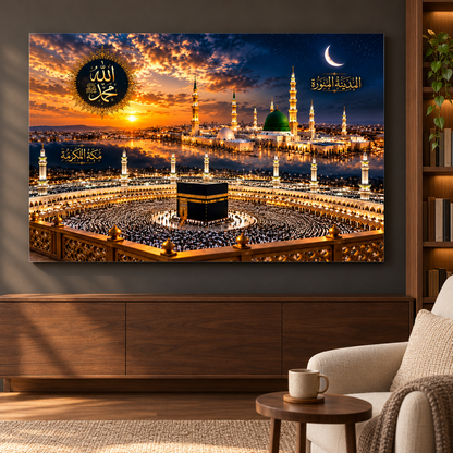 Mekke Medine Yatay Cam Tablo — Ahşap kitaplıklı okuma köşesinde yatay tablo