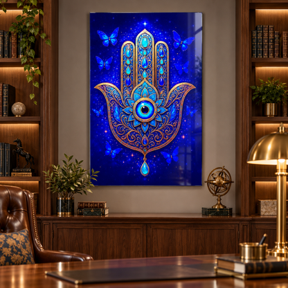 Mavi Altın Hamsa Eli ve Kelebekler Dikey Cam Tablo - Çalışma odası