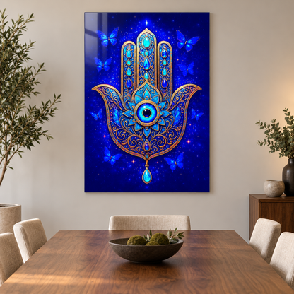 Mavi Altın Hamsa Eli ve Kelebekler Dikey Cam Tablo - Yemek odası