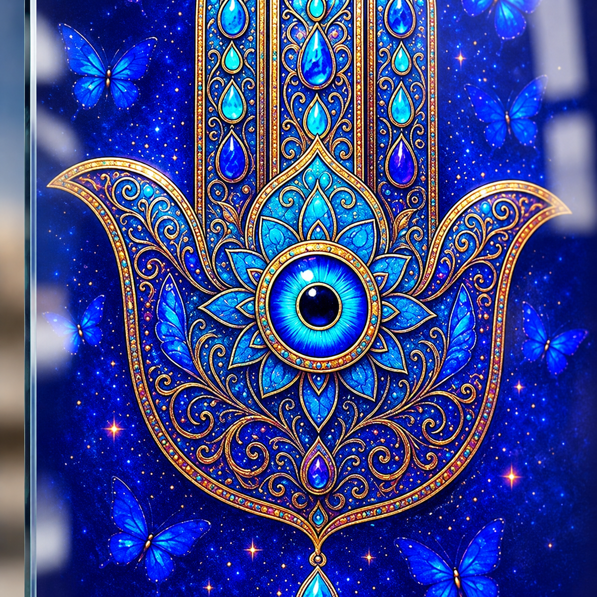 Mavi Altın Hamsa Eli ve Kelebekler Dikey Cam Tablo - Baskı detayı