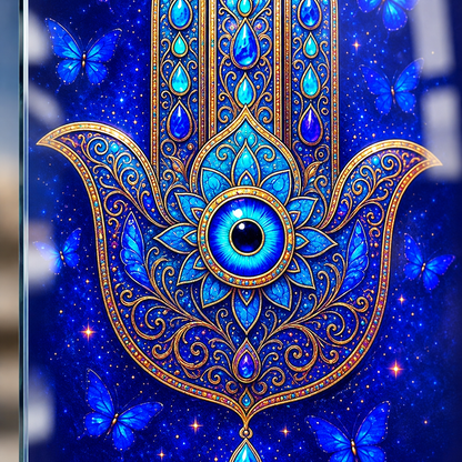 Mavi Altın Hamsa Eli ve Kelebekler Dikey Cam Tablo - Baskı detayı