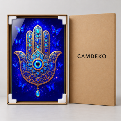 Mavi Altın Hamsa Eli ve Kelebekler Dikey Cam Tablo - Ambalaj