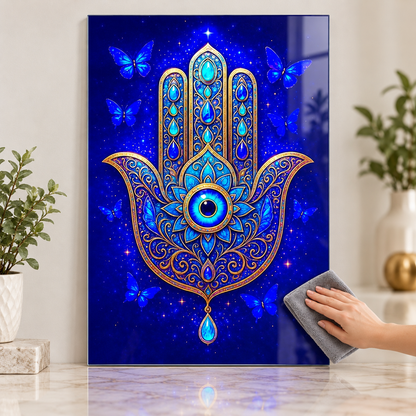 Mavi Altın Hamsa Eli ve Kelebekler Dikey Cam Tablo - Temizlik