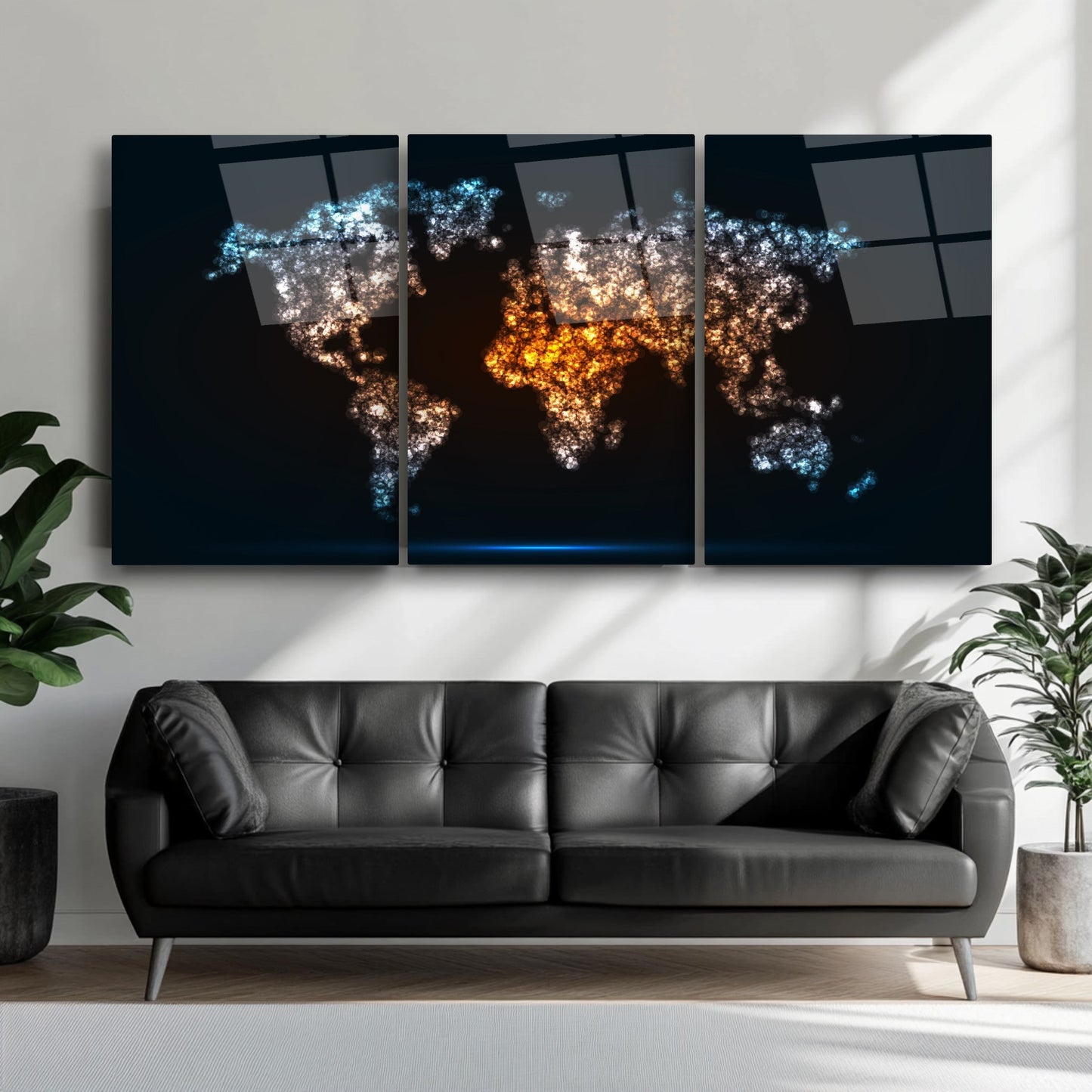 Dünya Haritası Üçlü Set Cam Tablo
