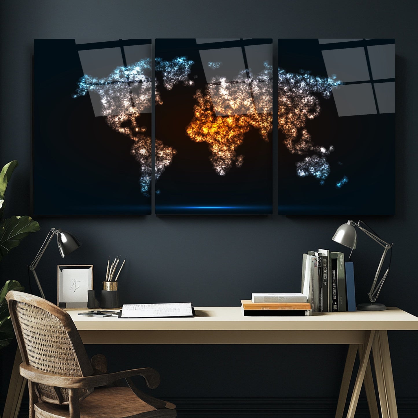 Dünya Haritası Üçlü Set Cam Tablo
