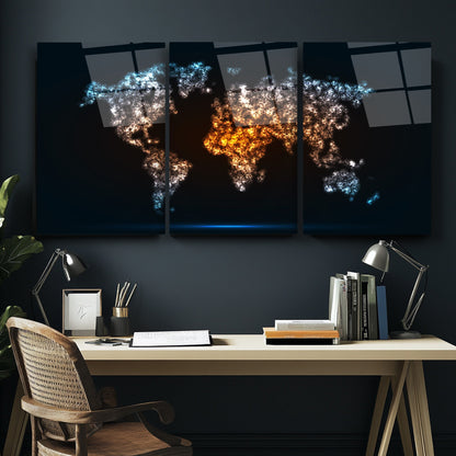 Dünya Haritası Üçlü Set Cam Tablo