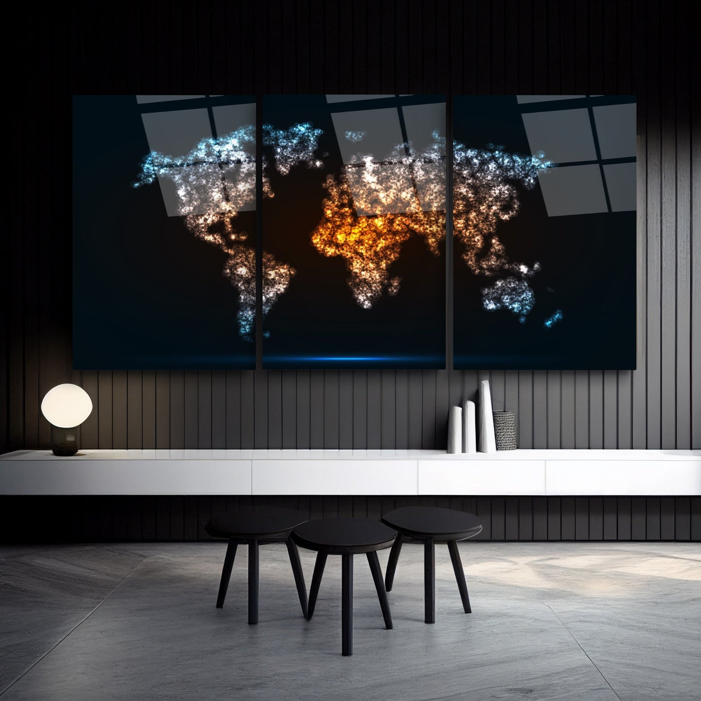 Dünya Haritası Üçlü Set Cam Tablo