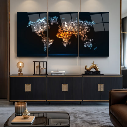 Dünya Haritası Üçlü Set Cam Tablo