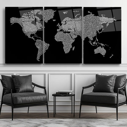 Dünya Haritası Üçlü Set Cam Tablo