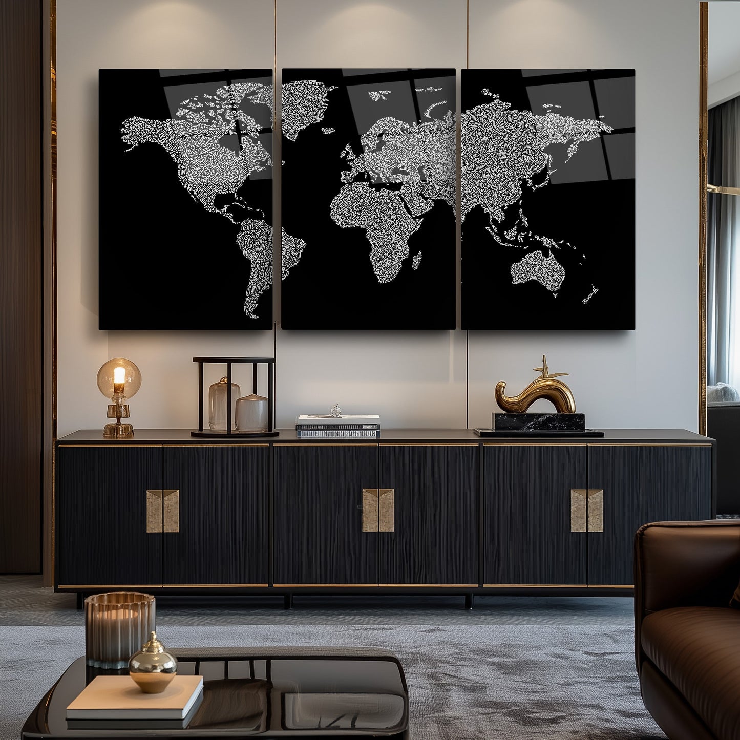 Dünya Haritası Üçlü Set Cam Tablo